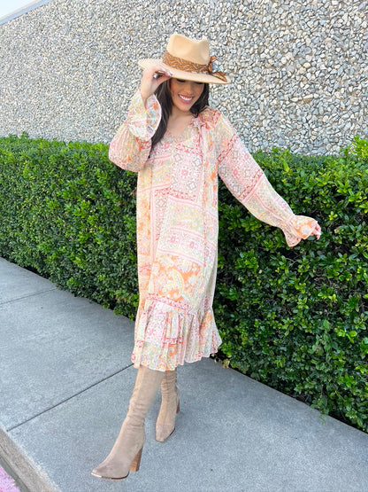Paisley Chiffon Ruffle Midi Dress